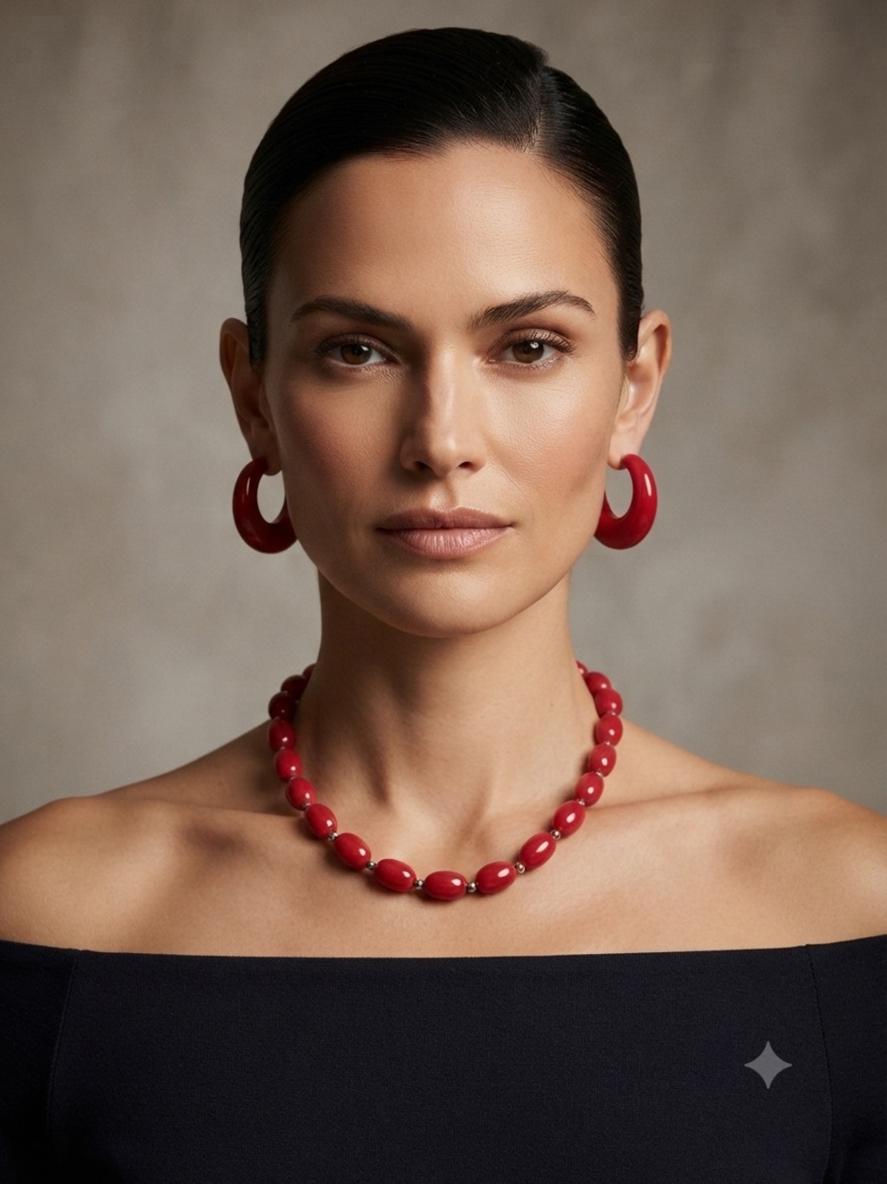 Macy's Red Beaded Necklace with Matching Red Hoop Earrings